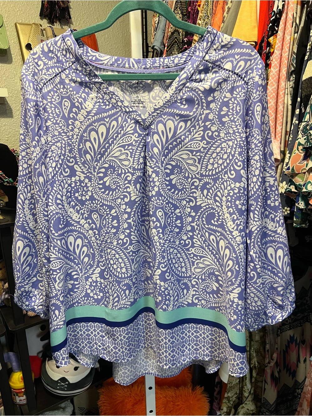 St. John's Bay Lavender Paisley V-Neck Tunic with Teal Trim